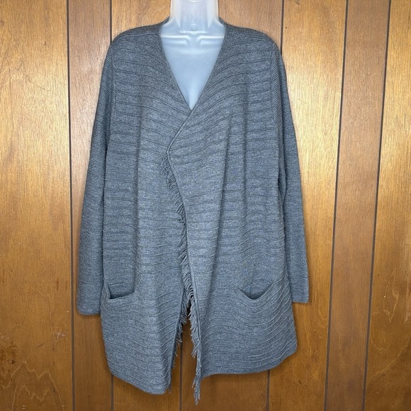 Talbots Cardigan Sweater XL Gray Merino Wool Coat Ribbed Fringe Drape Cottage - Picture 1 of 16